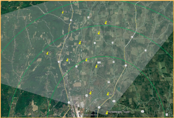Map of test locations for the Xtreme and Ericsson 5G trial results for the fixed wireless network in Horseheads, NY
